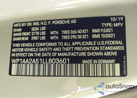 2020 Porsche Macan z USA, uszkodzony, nr VIN WP1AA2A51LLB03601